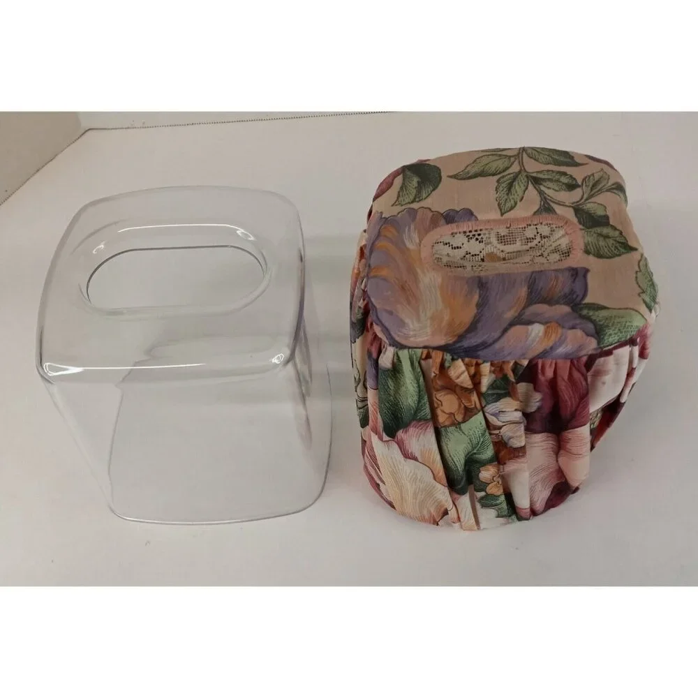 Tissue Box Cover 2 Piece Cloth Floral Cover Over Clear Plastic 5.5